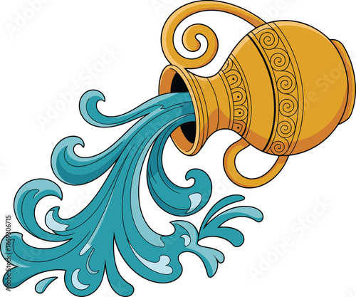 Cartoon golden urn pouring water, ornate jug, dynamic splash, blue stream, spiral patterns, zodiac Aquarius symbol, vector illustration, stylized, expressive, vibrant,