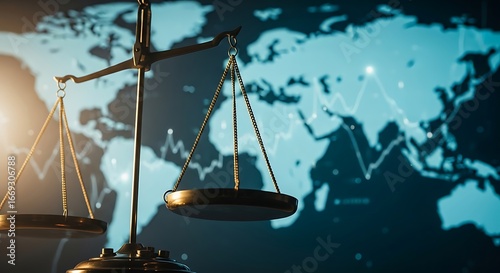 Legal scales with world map background symbolizing global law and international justice