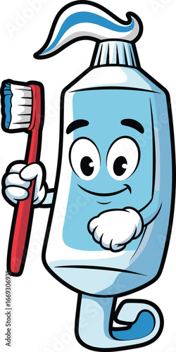 Cartoon toothpaste character with toothbrush, smiling face, gloved hands, swirl cap, light blue body, dental hygiene mascot, vector illustration, animated, cute, friendly, expressive,
