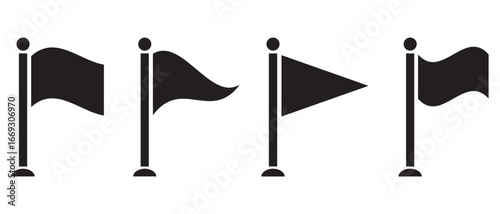 Black Flag Icons Set. Rectangular, Wavy, Triangular & Curved Designs for UI, Alerts, Achievements & Location Markers.