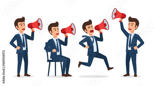 Flat illustration of Businessman with Megaphone Announcing, Promoting, and Speaking Out in Various Poses