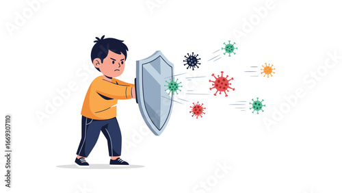 Flat illustration of Little Boy Holding Shield Defending Against Viruses, Symbolizing Child Immunity and Health Protection