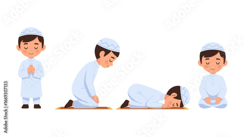 Flat illustration of Muslim boy praying in different Islamic prayer positions, cartoon illustration