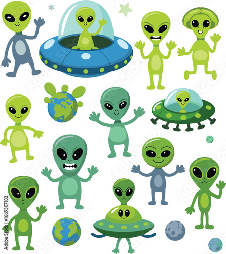 Cartoon aliens and UFOs set, green and blue characters, playful extraterrestrial theme, vector illustration, planets, stars, space creatures, animated, cute, funny, sci-fi, whimsical,