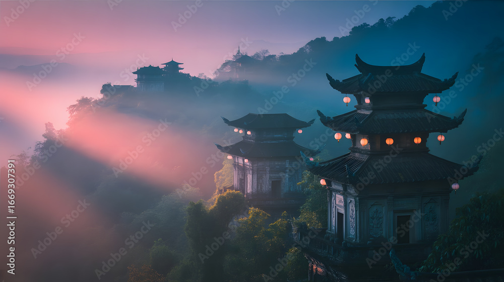 Obraz premium Mystical Temples on Misty Mountain Peaks at Sunrise