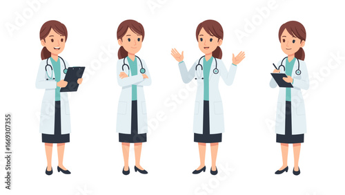 Flat illustration of medical professionals in white lab coats with stethoscopes, posing in different gestures