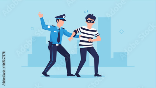 Flat illustration of Police Officer Arresting a Criminal Suspect, Enforcing Law and Order in the City