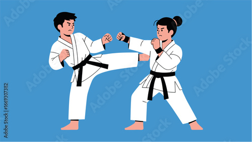 Karate Combat Illustration of Two Individuals Practicing Martial Arts in a Dynamic Pose
