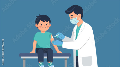 Flat illustration of Young boy receiving a vaccination from a medical professional wearing a mask and gloves