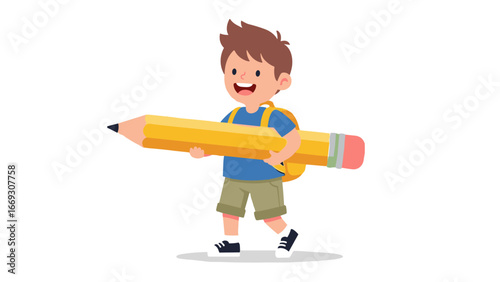 Flat illustration ofyoung boy carrying a giant pencil, ready for school and creative learning adventures