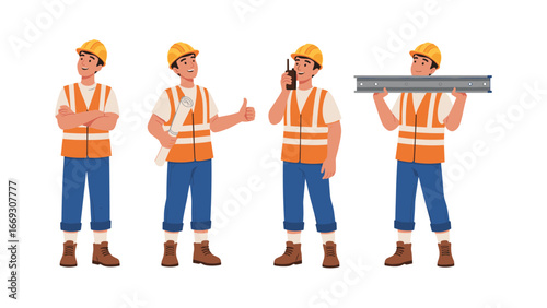 Set of Cartoon Construction Workers in Safety Equipment Performing Various Building Site Duties