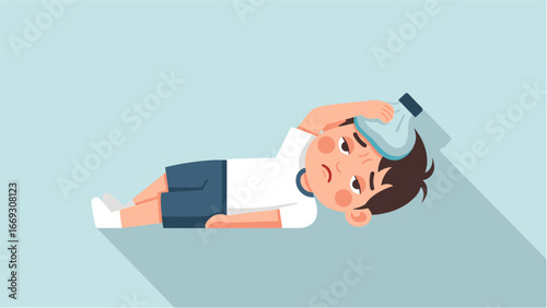 Flat illustration of Sick Child with Ice Pack  Illustration of a Boy with a Headache