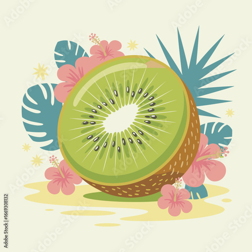 Flat Design Detailed Kiwi Slice with Tropical Flowers Illustration Element