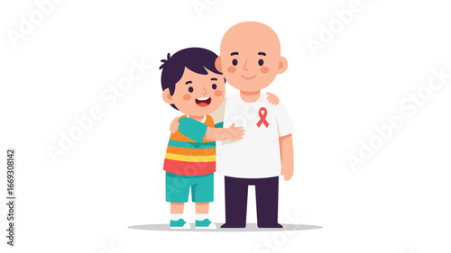 Flat illustration of Young boy hugs a man with a red ribbon symbolizing support for cancer patients and awareness