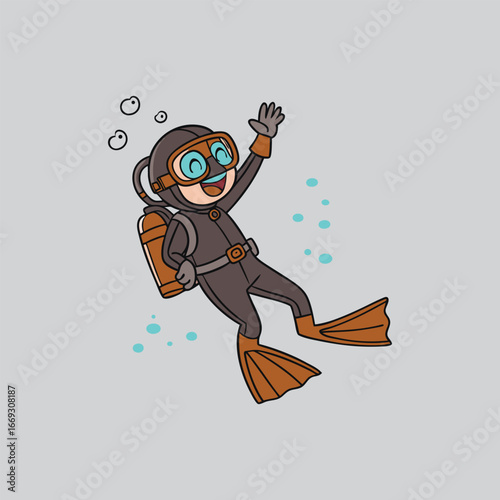 Cartoon diver waving hello underwater with bubbles and scuba gear vector