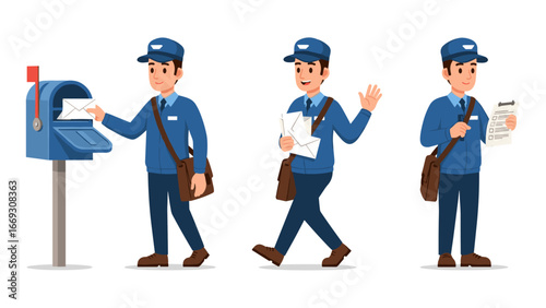 A Set of Cartoon Illustrations Depicting a Mail Carrier Delivering Letters and Packages