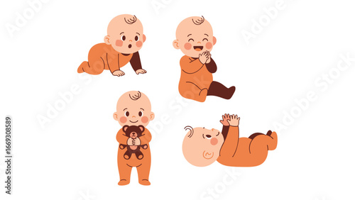 Adorable Baby Illustrations in Various Poses Crawling, Sitting, and Playing with a Toy