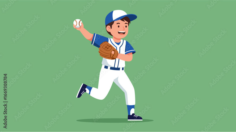Fototapeta premium Flat illustration of Young Baseball Player in Action Throwing the Ball with Enthusiasm on Green Background