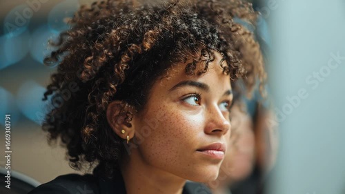 Woman with Curly Hair and Freckles Looking Sideways