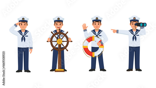 Set of sailors in uniform with maritime equipment isolated on white background