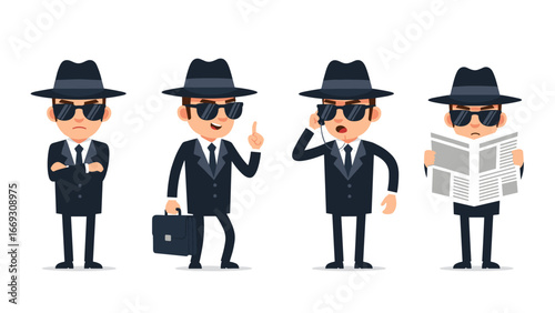 Set of Secret Agents or Spies in Black Suits and Hats, Confident and Professional