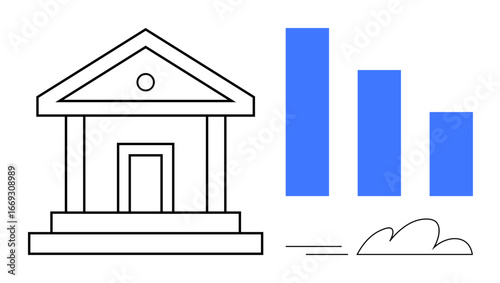 Bank building beside declining bar chart and scattered lines symbolizing economy, banking trends, or analytics. Ideal for finance, investment, banking, statistics, economy, fintech concepts
