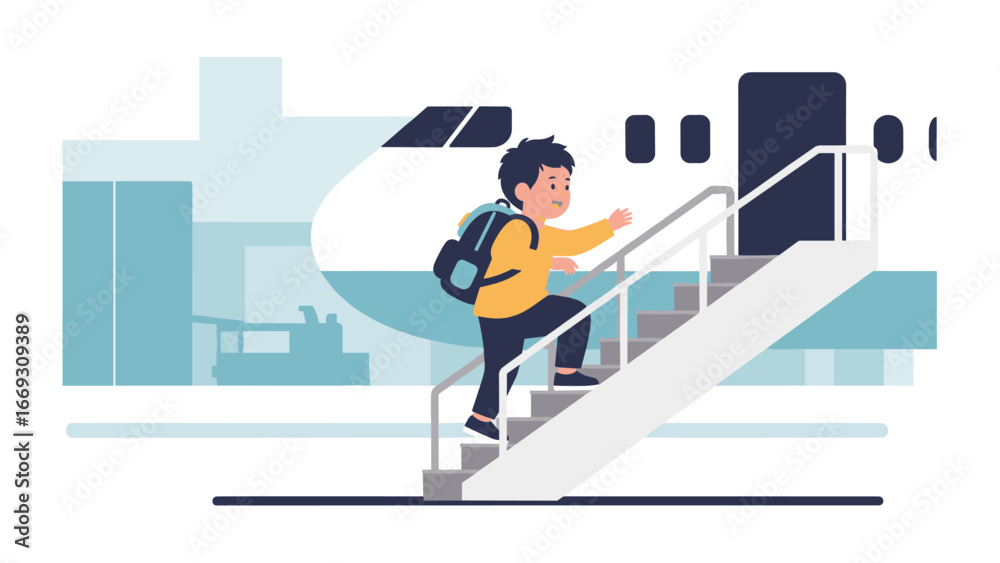 Obraz premium Flat illustration of Boarding a Plane A Young Traveler's Journey