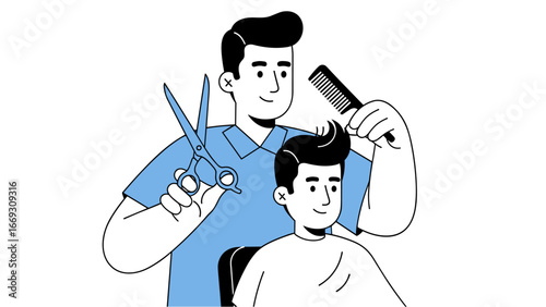 Flat illustration of Barber cutting client's hair with scissors and comb, professional hair styling service