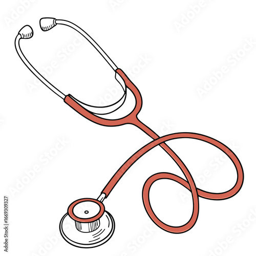 Illustration of a red stethoscope with a coiled tube and diaphragm, isolated on a, symbolizing medical care, health, and diagnosis