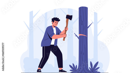 Flat illustration of Man Chopping Down Tree A Cartoon Illustration Depicting Forestry and Woodcutting