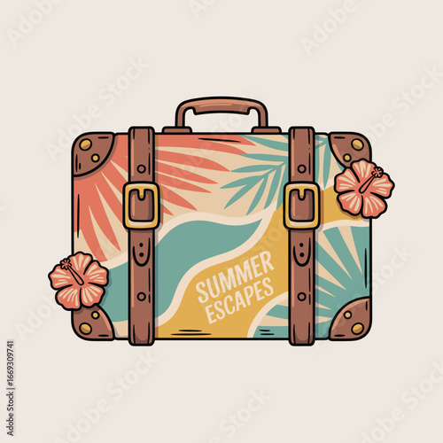 Retro Detailed Travel Suitcase With Summer Floral Decoration Illustration