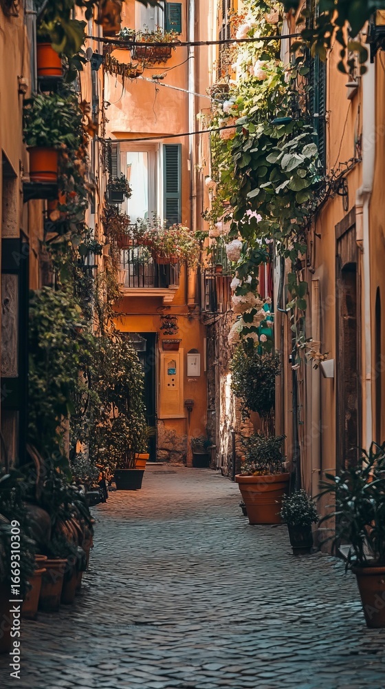 Obraz premium Italian alleyway, plants, terracotta pots, sunlit