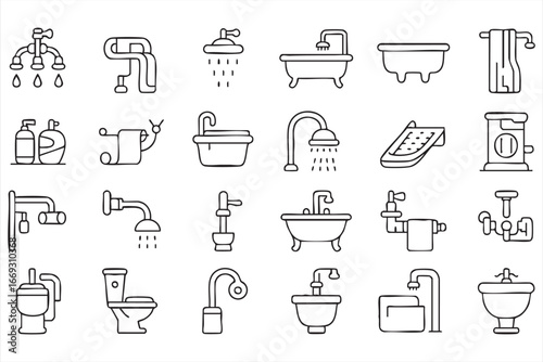 Black and White Outline Collection of Bathroom Fixtures and Tools