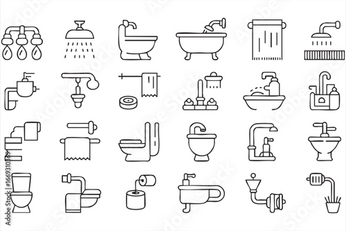 Bathroom Plumbing Icons Vector Set for Home and Interior Design