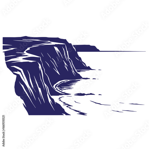 Illustration of a coastal cliff landscape with a path and a calm blue ocean view