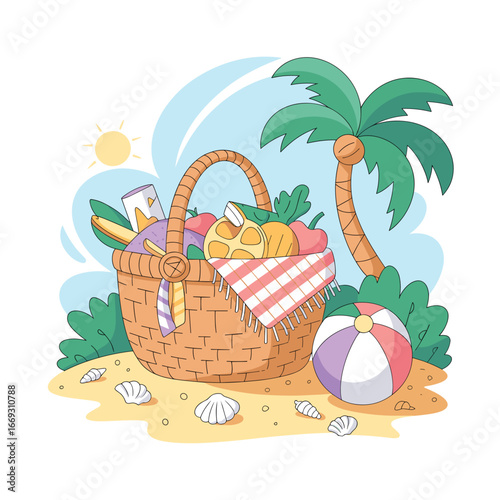 Charming Handdrawn Picnic Basket Full of Food on the Beach Illustration