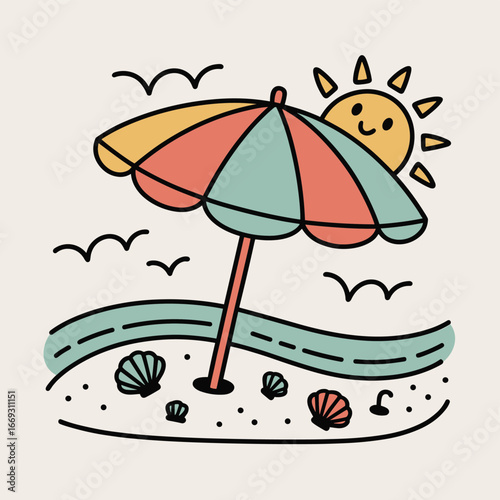 Colorful Handdrawn Summer Beach Umbrella Sand Shell Seaside Illustration