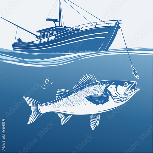 sleek fish hook and hull icon for commercial fishing operations