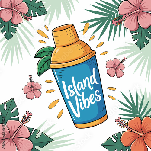Flat Tropical Style Cocktail Shaker with Hibiscus Flower Illustration