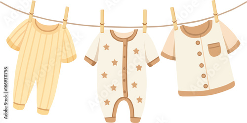 Adorable baby clothes hanging on a clothesline, cozy outfits for infants and toddlers, nursery essentials, cute pajamas and onesies, perfect for childhood, laundry themes, and baby shower ideas