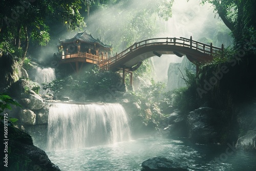 Lush waterfall cascading into a serene pool, with a wooden bridge and pagoda in a misty forest