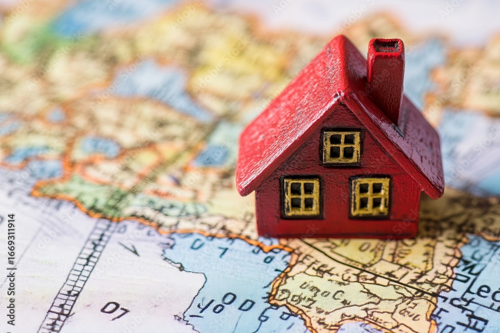 Naklejka premium Miniature red house on vintage map