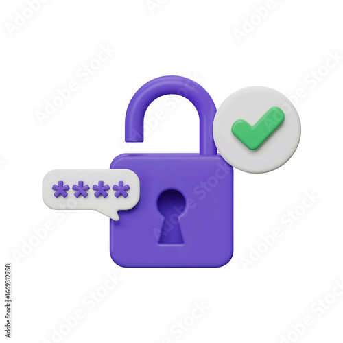 3D Unlocked Padlock with Password Entry and Verification Checkmark Symbolizing Secure Access 