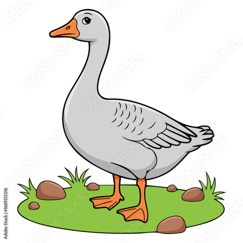 Adorable goose with summer landscape funny cartoon bird vector illustration