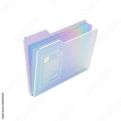 3d icon of a holographic file folder filled with documents, isolated on a transparent background, representing organization and data