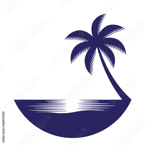 Simple vector illustration of a palm tree on a tropical beach scene with ocean water