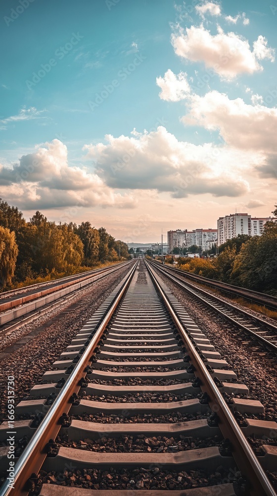 Fototapeta premium Railroad tracks extending into a city skyline under a vibrant sky