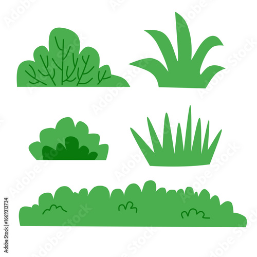 Green Bushes and Grass Set Illustration