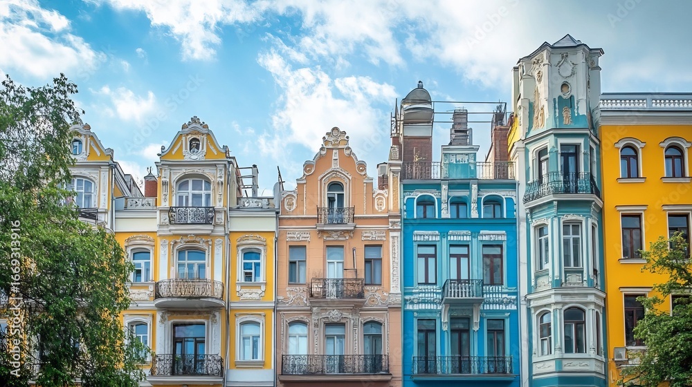 Fototapeta premium Row of colorful historic buildings under a partly cloudy sky
