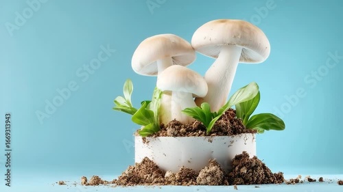 Fresh White Mushroom Soil Green Leaf Organic Healthy Natural Growth Blue Background Closeup